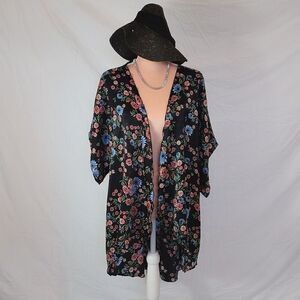 Love Cameron Tropical Print Open Front Satin Swim Cover Up Large NWOT